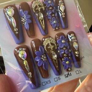 Purple and Brown Embellished Nail Set
